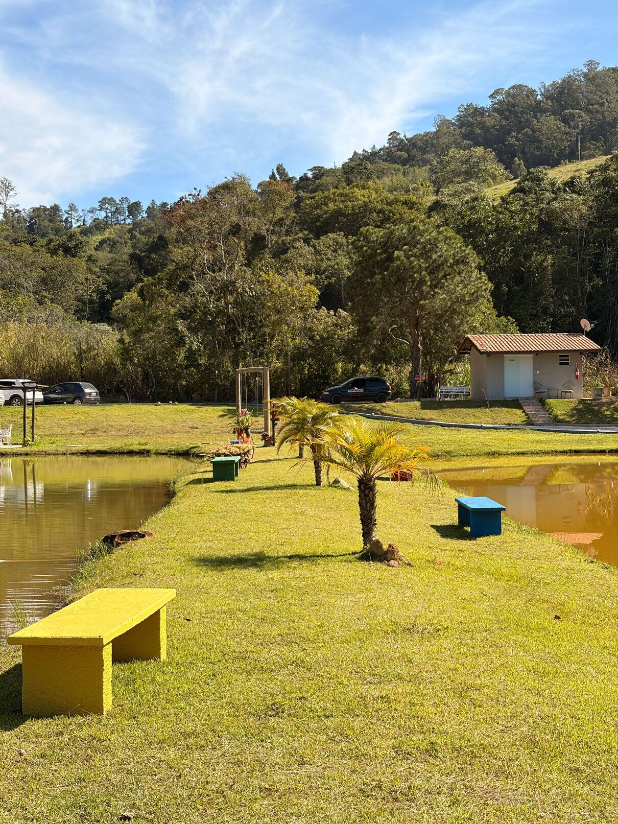 A grassy area with a small building, a pond, and a hill with trees in the background.