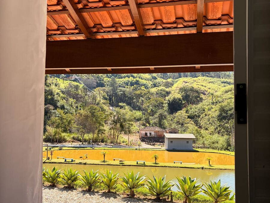 A view from a window with a tiled ceiling and a view of a landscaped area with a pond, plants, and buildings.