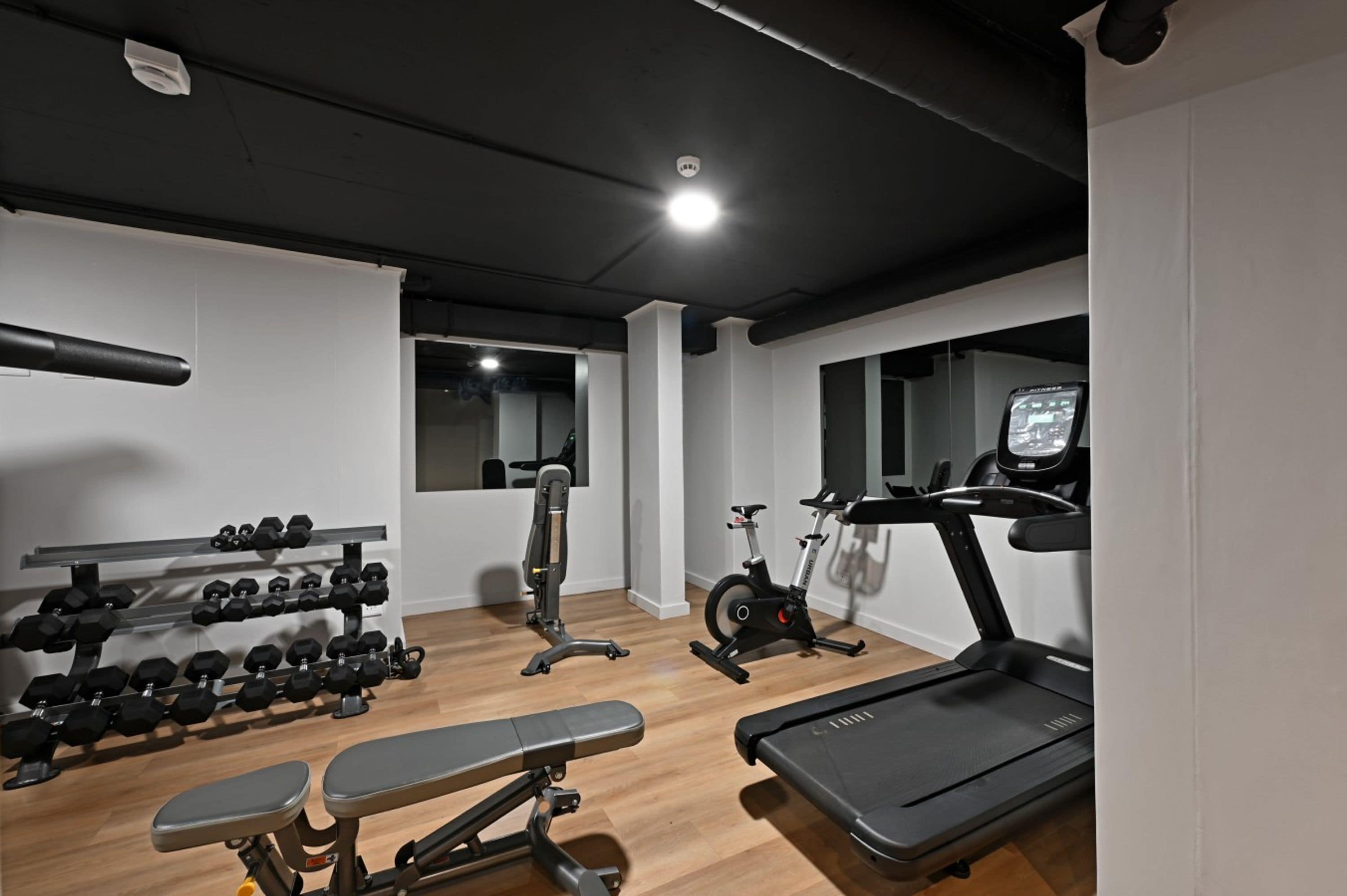 Een fitnessruimte thuis met een loopband, een hometrainer, een bankdrukapparaat en gewichten.