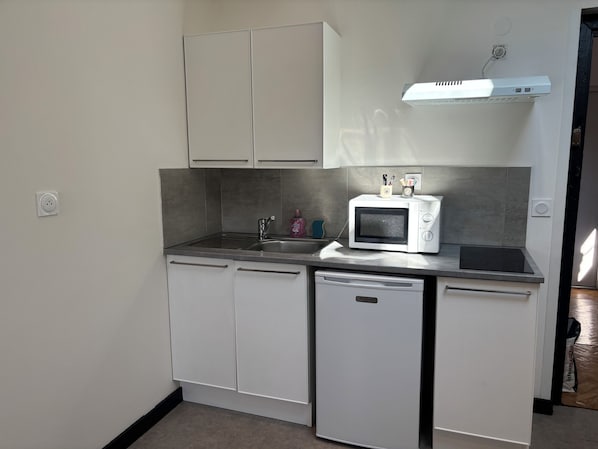 A compact kitchen with a microwave, sink, and dishwasher.