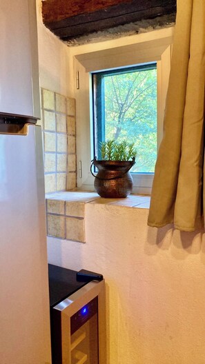 Eine Küche mit Fenster, einem Blumentopf und einem eingebauten Backofen.