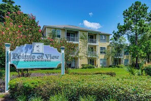 A sign for Point of View Condominiums with a security patrolled notice. - Near Grand Boulevard & Beaches! Coastal Condo (Miramar Beach)