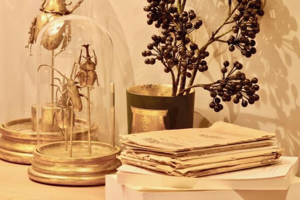 A table with a glass dome containing a metallic sculpture, a vase with dark berries, and a stack of papers.