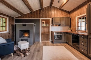 A rustic kitchen with wooden walls, a fireplace, modern appliances, and a cozy seating area. - Cozy mountain cabin at 962m (Ål)