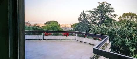 Un patio exterior con vistas al paisaje urbano, rodeado de vegetación y macetas de concreto con flores rojas.