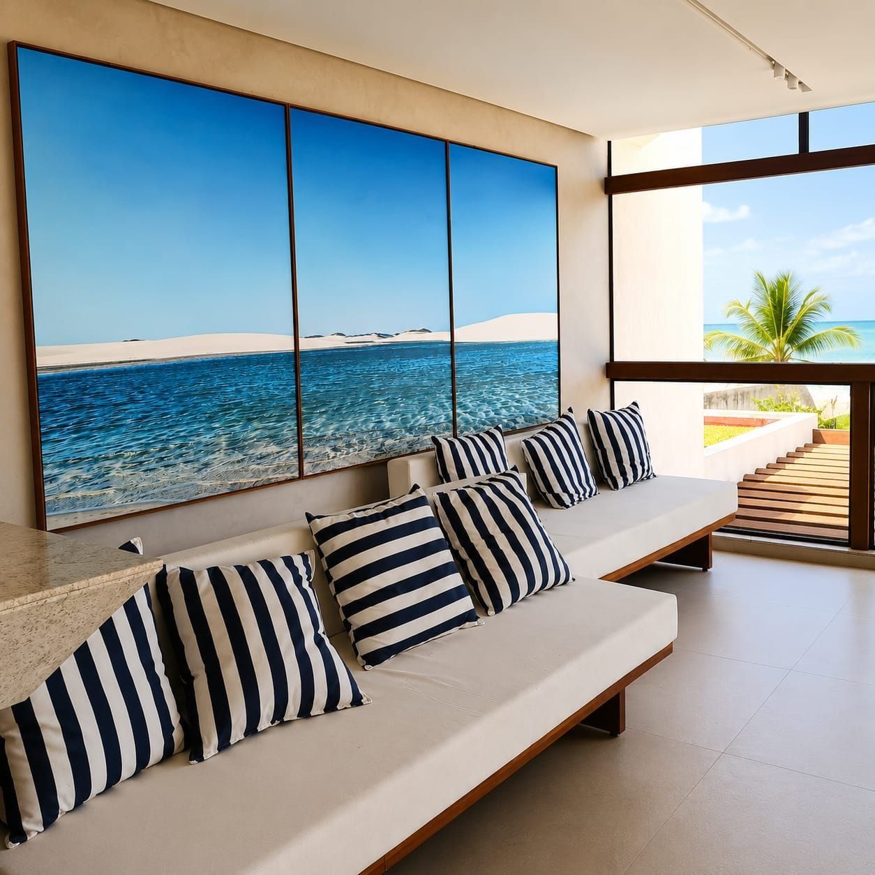 A modern living room with a large wall-mounted artwork of a beach scene, a sofa with striped cushions, and a view of the ocean through large windows.