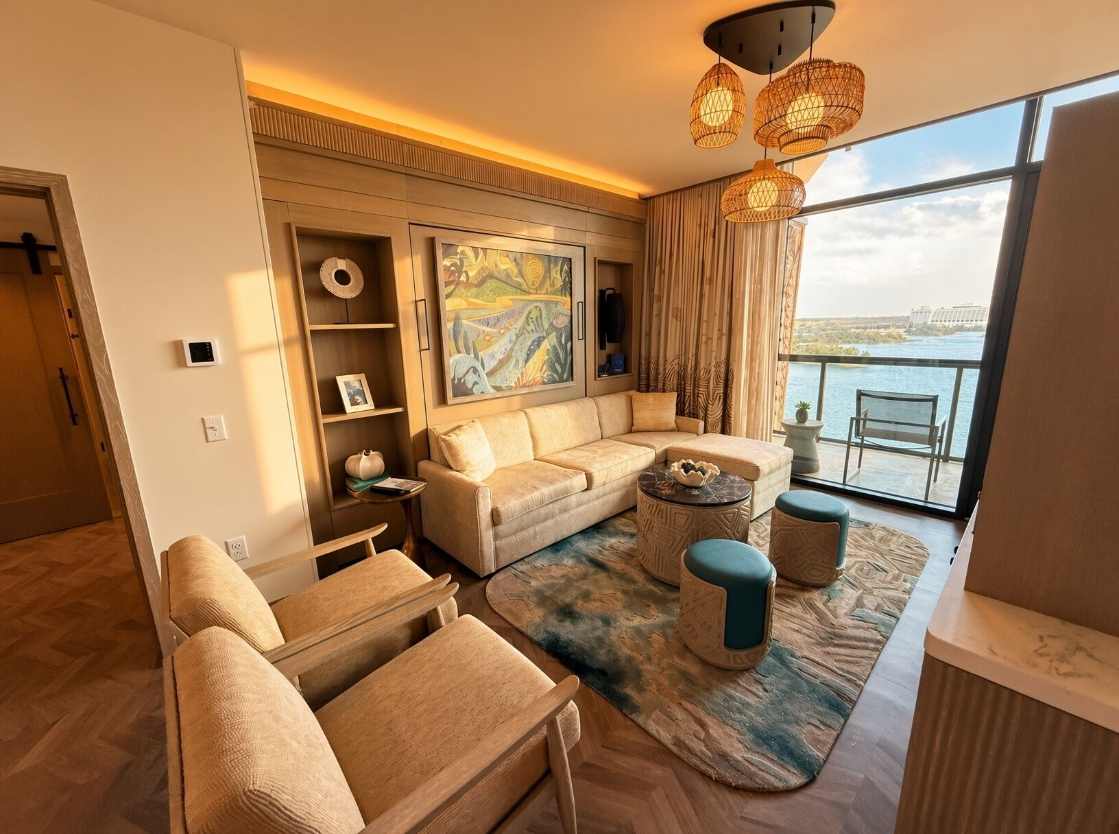 A modern living room with a sofa, chairs, a coffee table, and a view of a body of water through large windows.