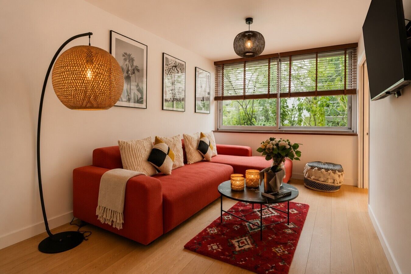 Un salon moderne avec un canapé rouge, une lampe sur pied, une table ronde décorée de bougies et une grande fenêtre avec des stores.