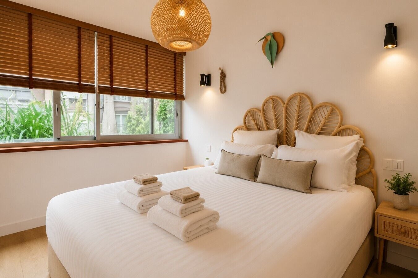 A neatly made bed with a headboard, a bedside table with a plant, and a window with blinds.