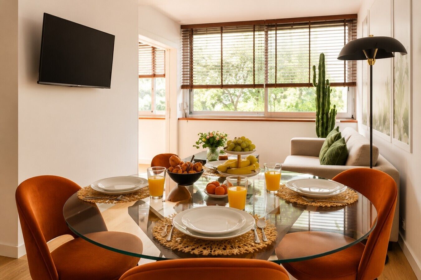A dining area with a glass table, orange chairs, and a cactus plant.