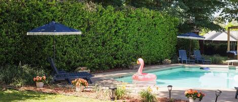 A backyard with a swimming pool, lounge chairs, and a flamingo float.