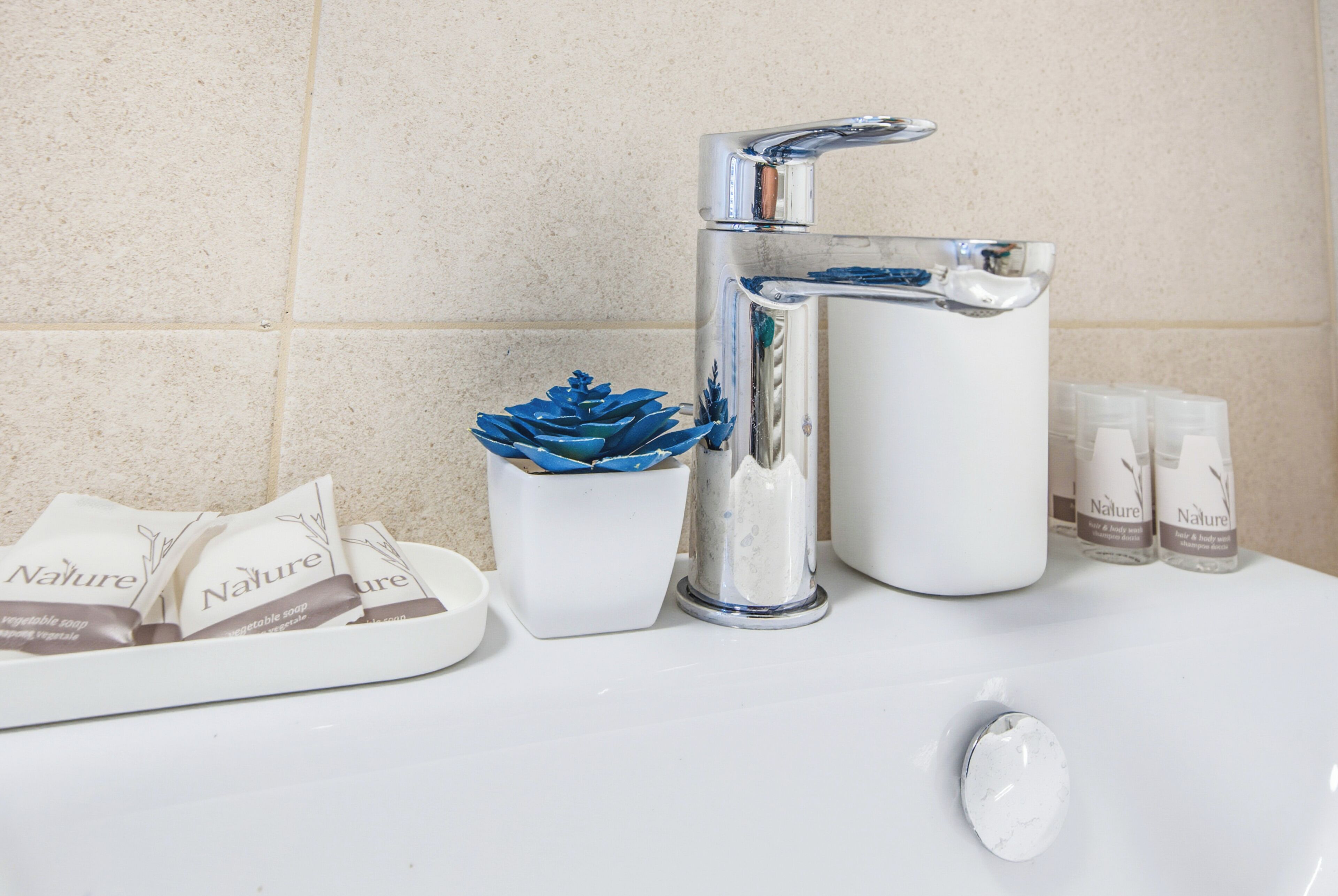 A bathroom sink with a chrome faucet, a white soap dispenser, and two bottles of Nature hair and body wash.