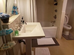 Hair dryer, towels, soap, toilet paper