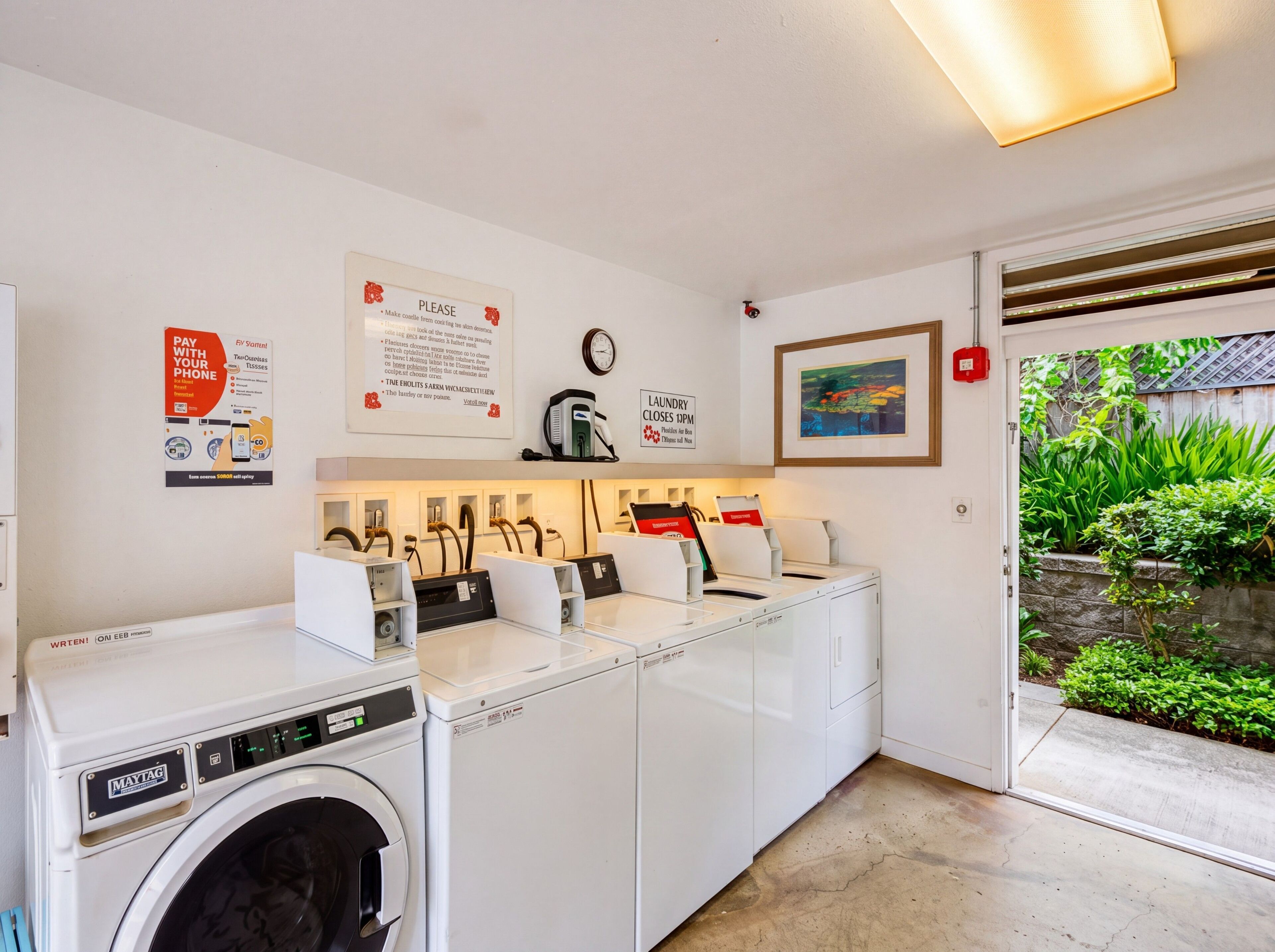 A laundry area with multiple washing machines, a drying rack, and a wall-mounted washing machine. There are signs indicating laundry hours and a payment option.