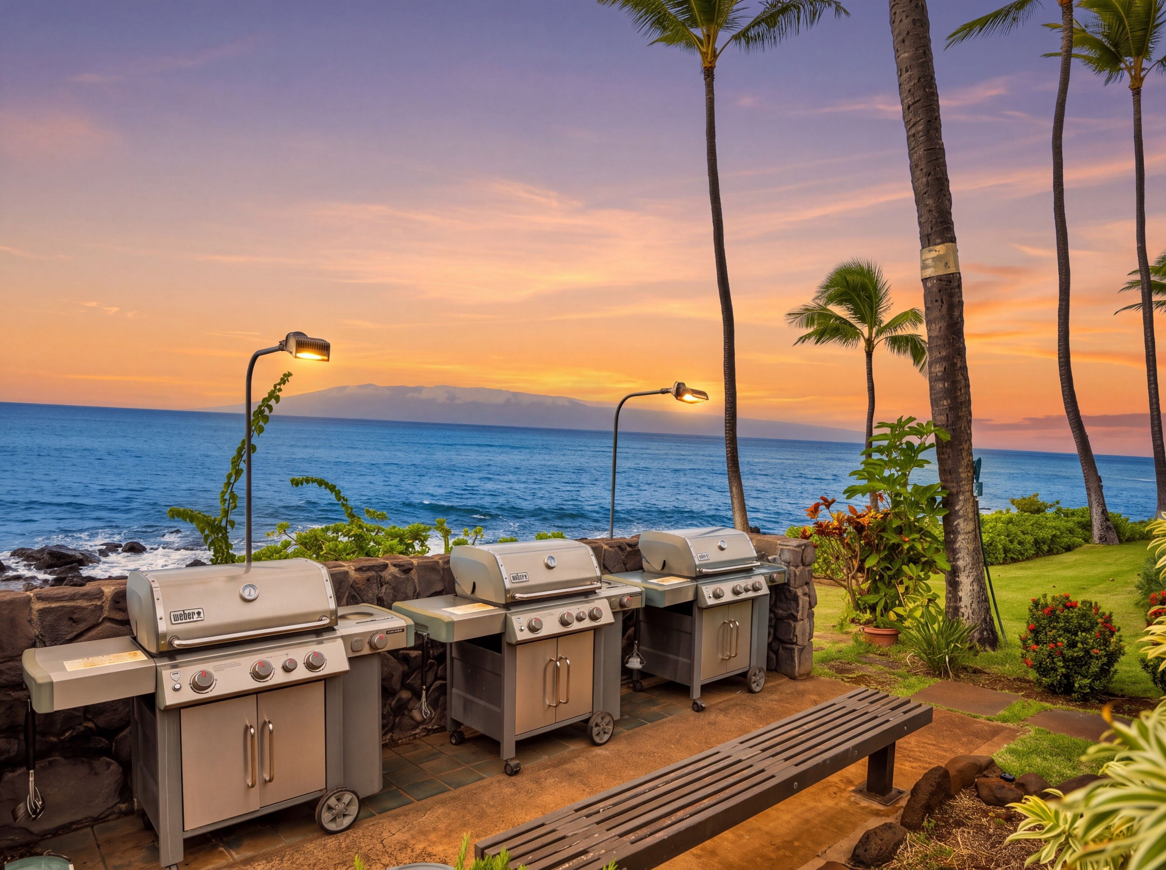 Ein Grillplatz mit Grills und einer Bank, mit Blick auf ein Gewässer und Palmen.