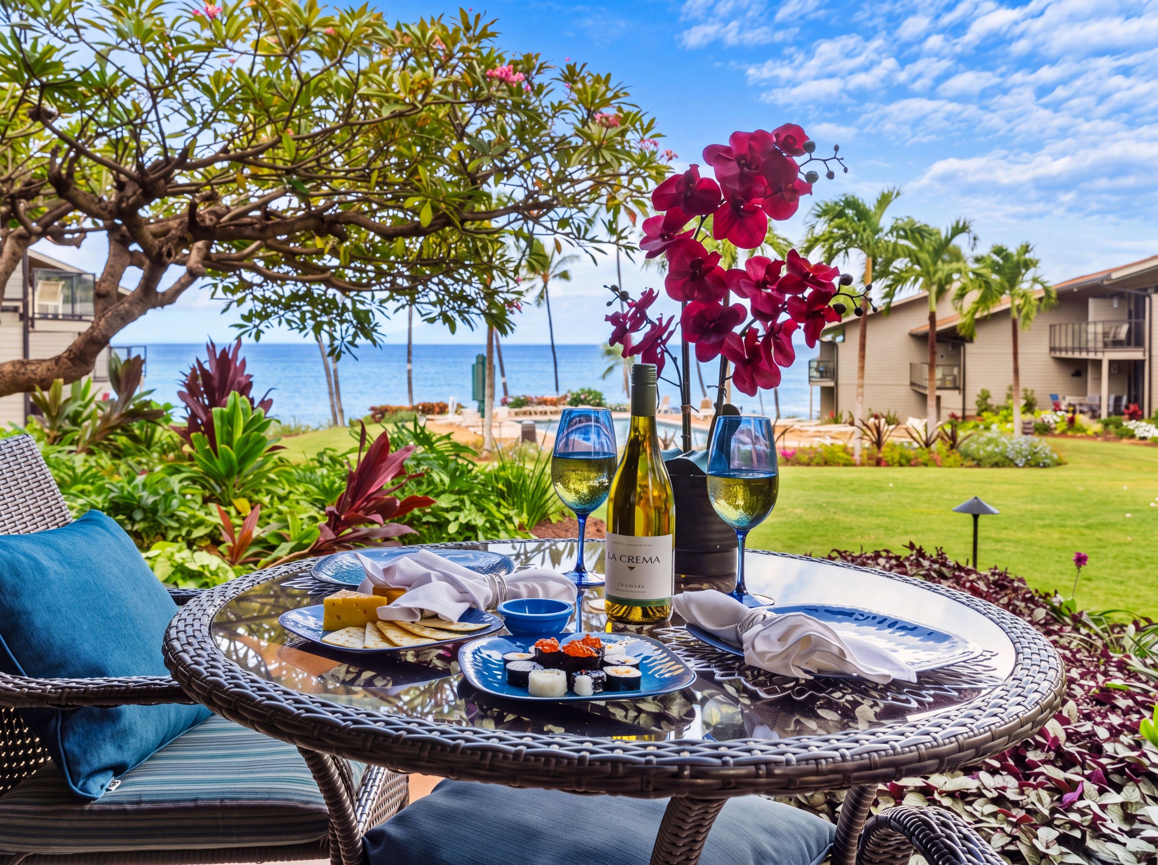 A table set outdoors with a bottle of wine, glasses, and a plate of food, overlooking a pool and ocean view.