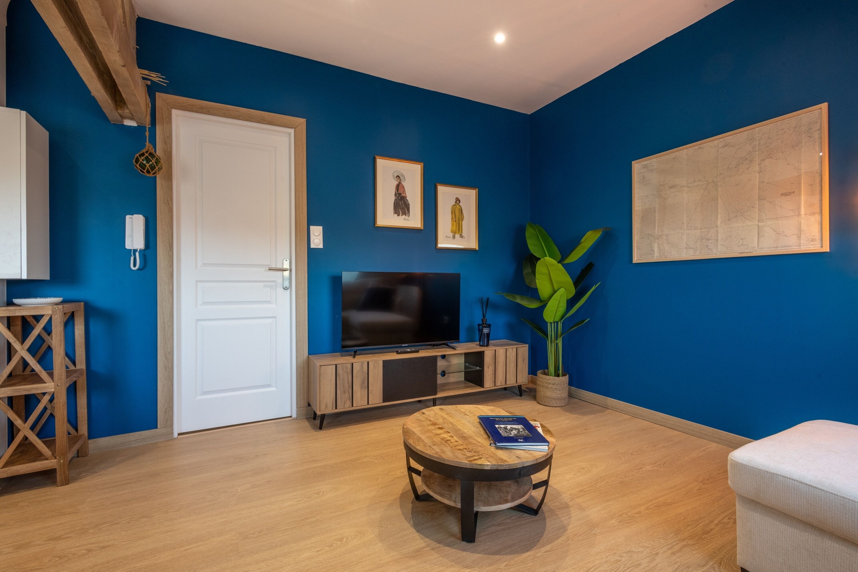 Een kamer met een blauwe wand, een witte deur, een televisie, een houten kast, een potplant en een kleine ronde tafel met een boek.