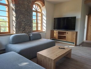 A living room with a stone wall, a large TV, and a wooden cabinet.