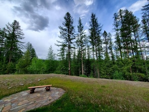 A stone bench in a forest clearing with tall trees and a cloudy sky. - Spacious Kimberley Mountain Retreat | 5 Bedrooms (Kimberley)