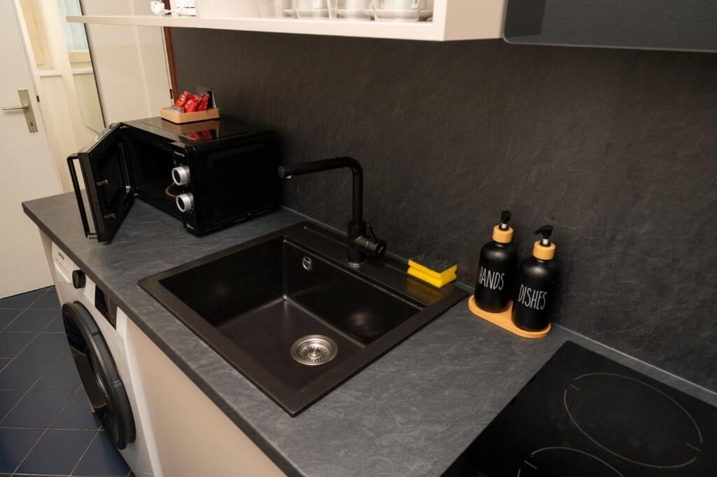 Una cocina con un lavamanos negro, una lavadora y dos botellas etiquetadas 'HANDS' y 'DISHES'.