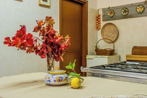 A kitchen with a vase of red leaves, a lemon, and a decorative jar on the counter. - Farmhouse with pool between Orvieto and Todi (Montecchio)