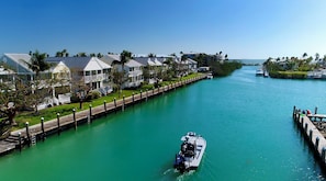 Un canal où navigue un bateau, bordé de maisons et de palmiers.