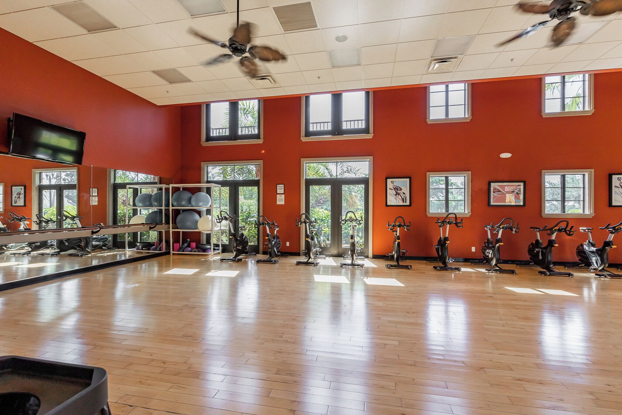 A gym with exercise bikes, a TV, and large windows.