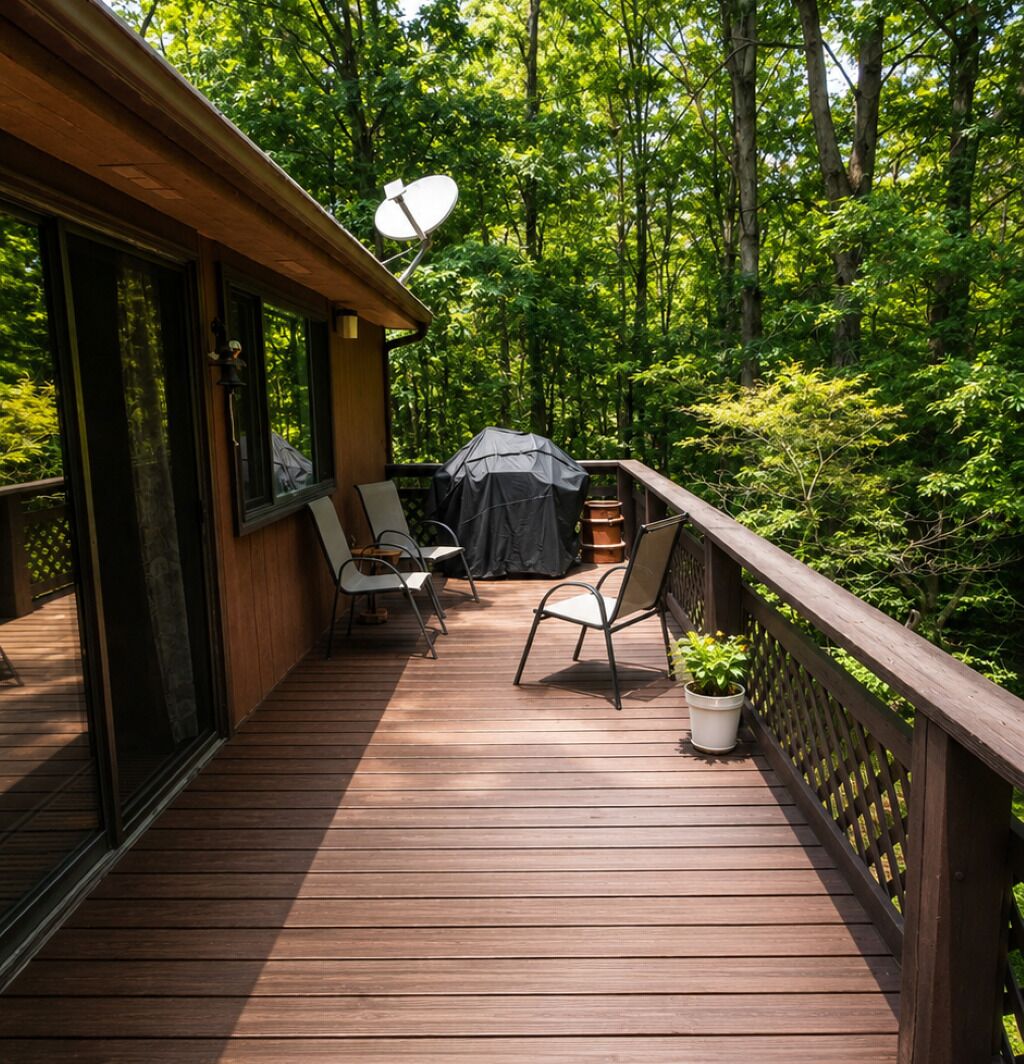 Une terrasse en bois avec des sièges d’extérieur, un barbecue et une antenne parabolique.