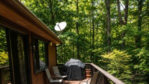 A wooden deck with outdoor seating, a barbecue grill, and a satellite dish.