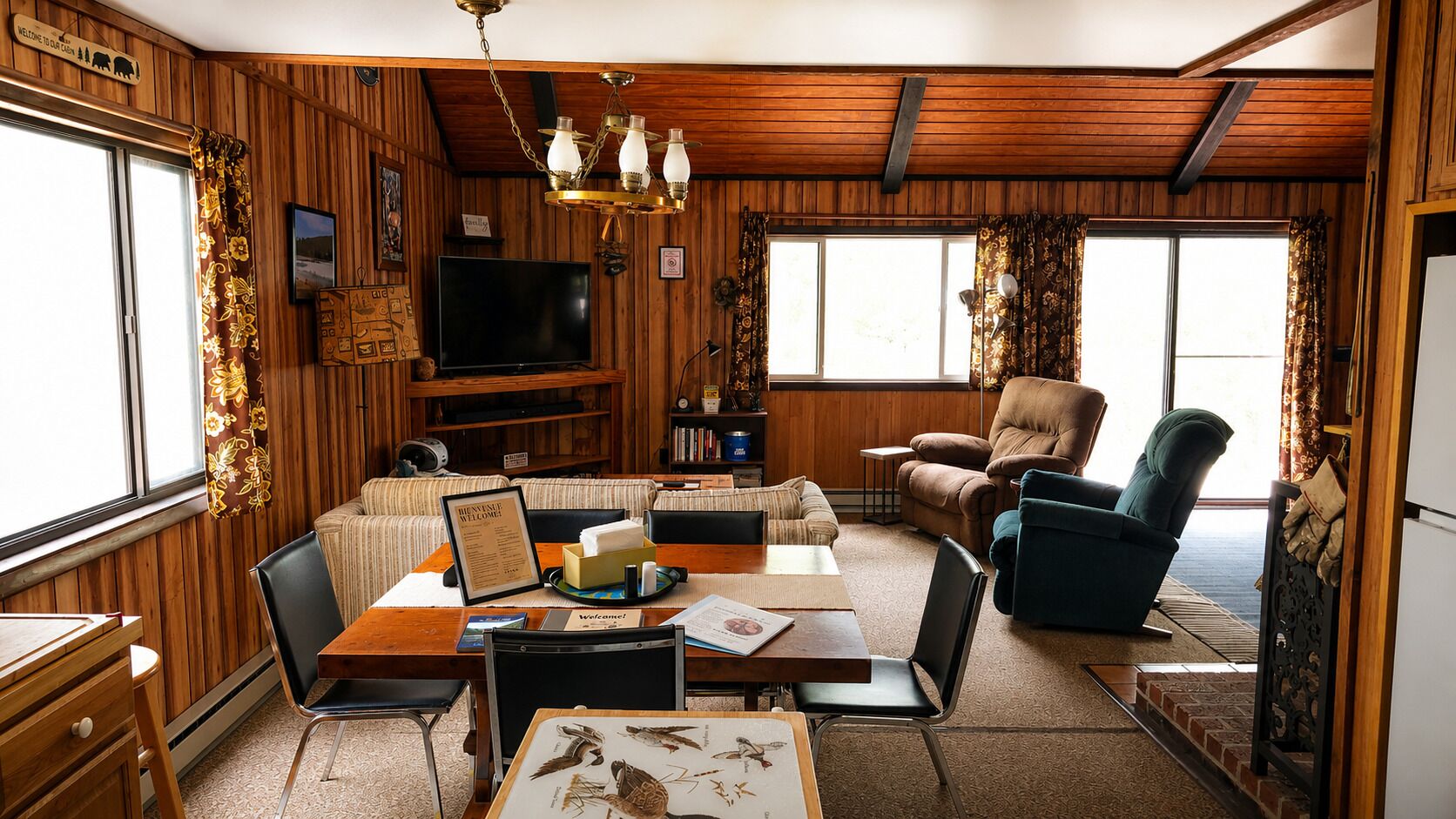 Interior de una cabaña con revestimiento de madera, televisor, sofá, mesa de comedor y una silla.