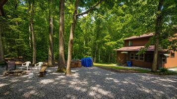 Un chalet rustique avec une allée en gravier, entouré de grands arbres.