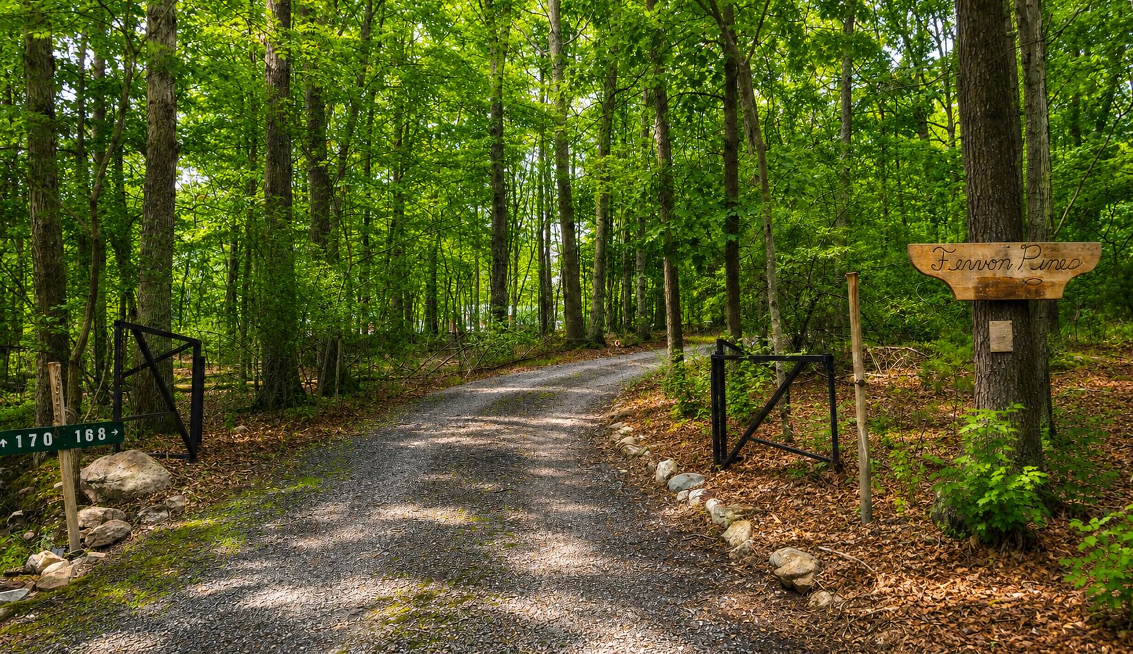 A forested trail with a signpost indicating directions.