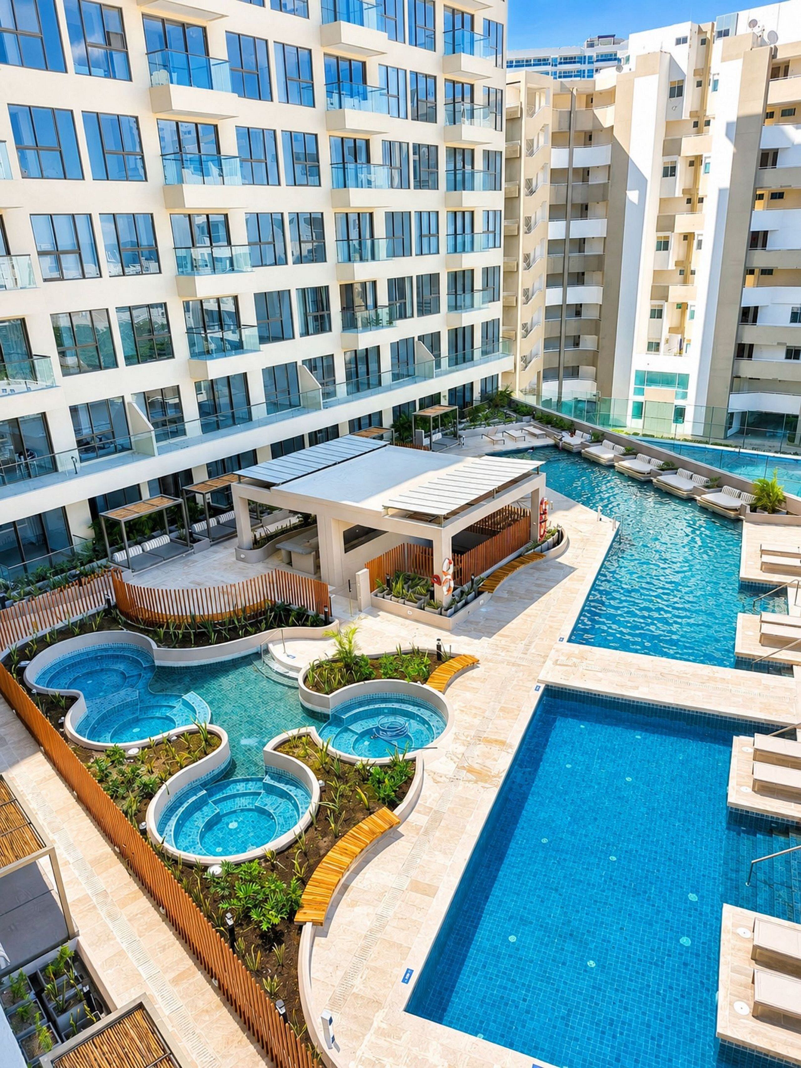 A multi-story hotel with a rooftop pool area, including a large central pool and smaller circular pools.