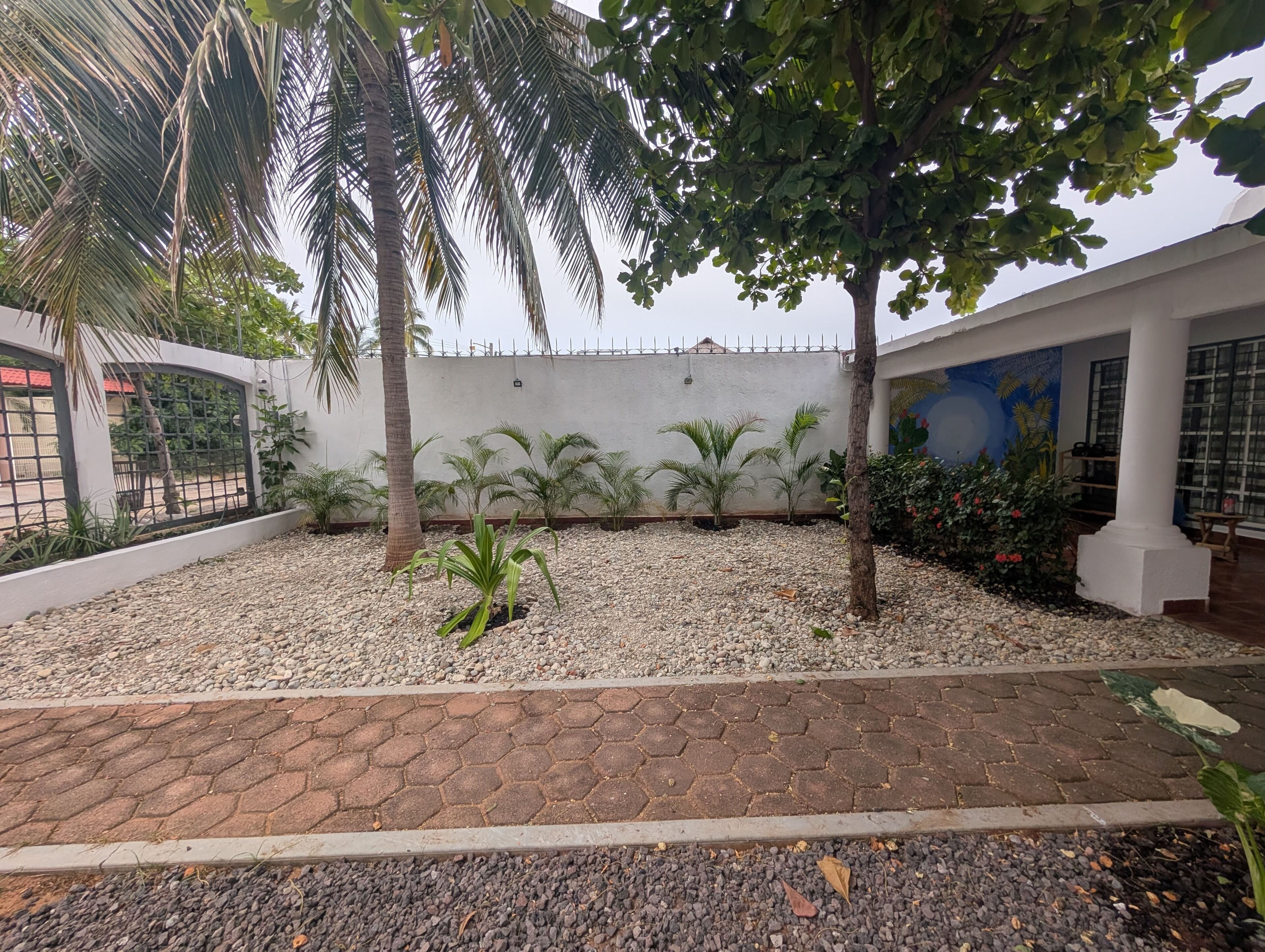 Un patio con un sendero empedrado, palmeras y un muro con un mural.