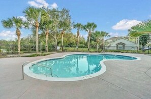 Une piscine à bord incurvé, entourée d’une terrasse en béton et de palmiers.