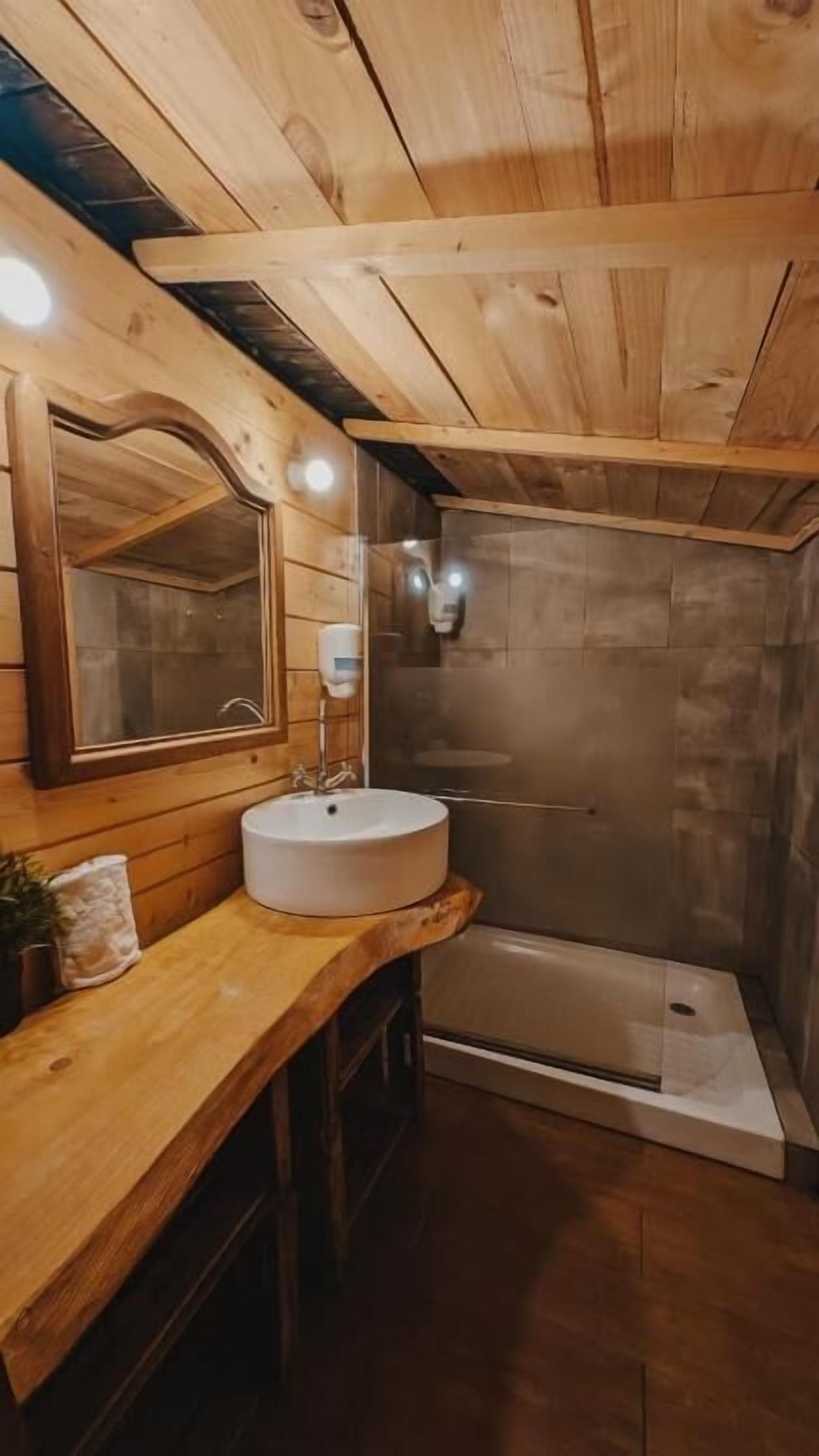 Un interno in legno con lavandino, specchio e doccia.