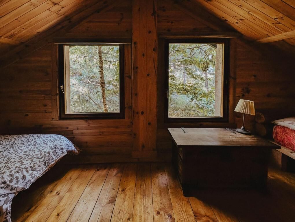 A cabin with a wooden interior, two windows with a forest view, a bed, a table, and a lamp.