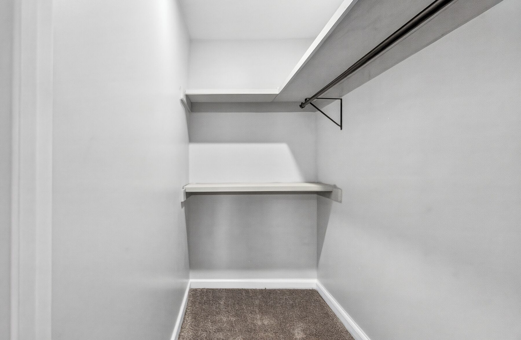 A corner of a room with white walls, a grey carpet, and a black ceiling light fixture.