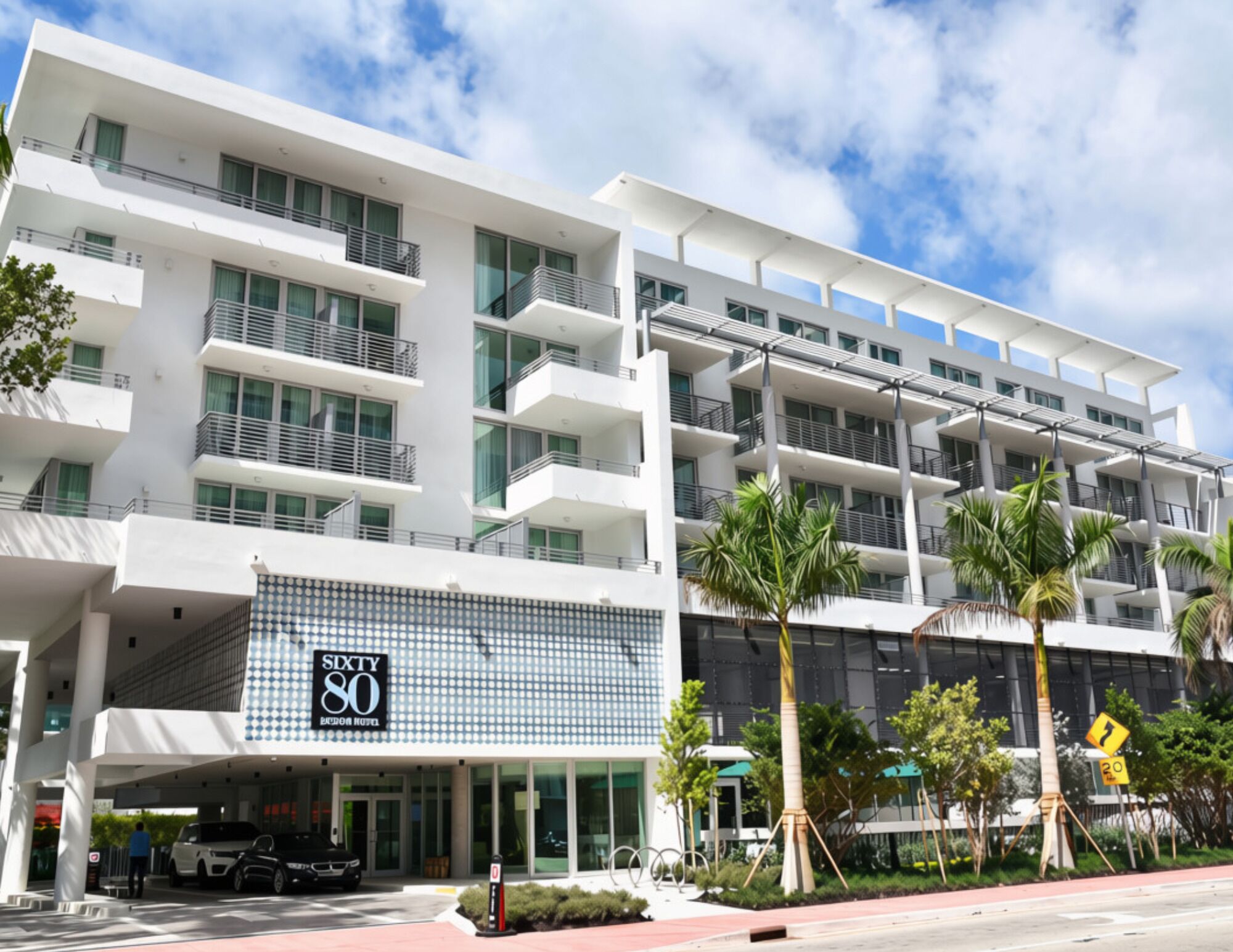 A modern hotel building with multiple balconies, a covered entrance, and a sign for the 'Sixty 80' hotel.