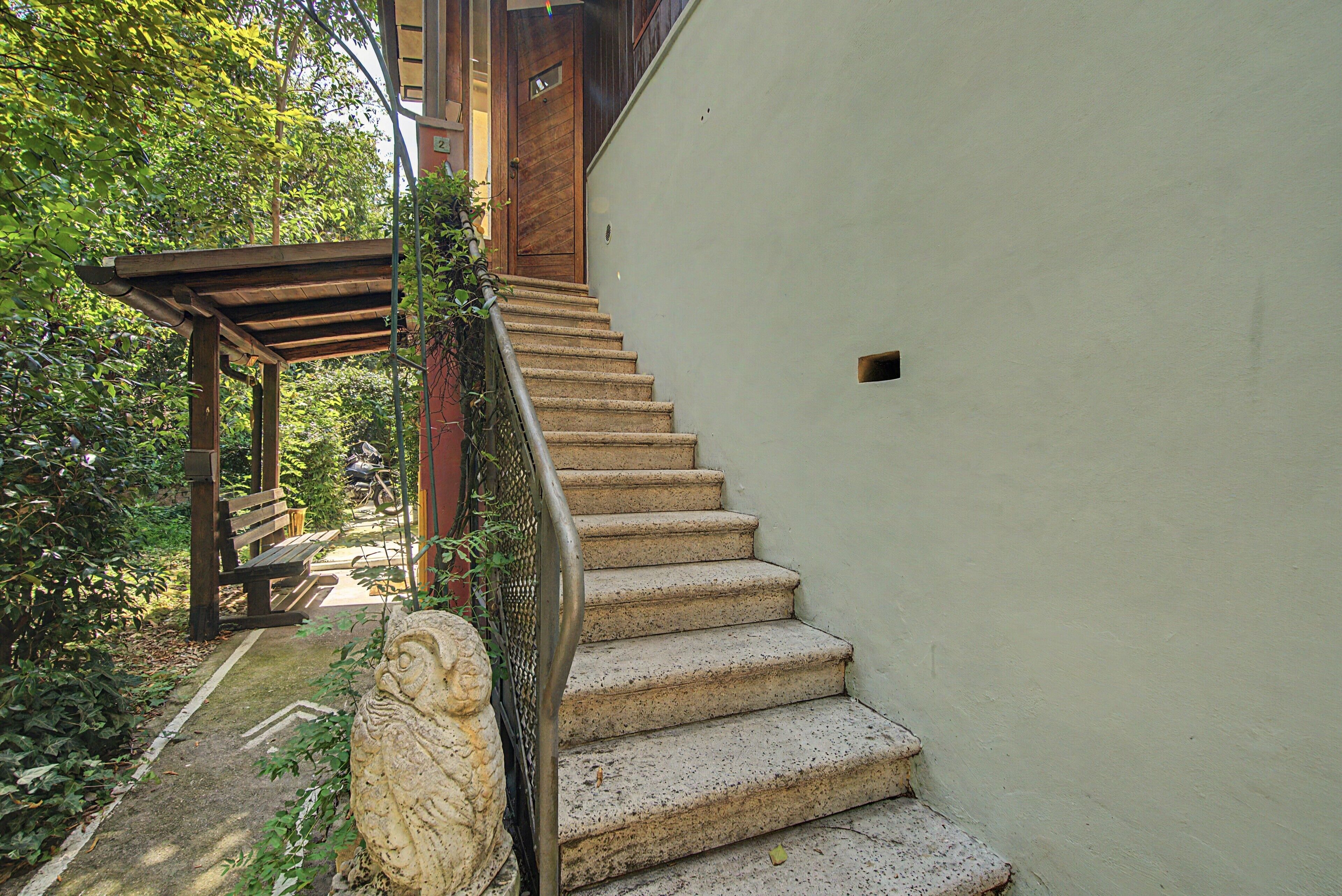 Una escalera de piedra con peldaños que conducen a una puerta de madera, rodeada de follaje y una estatua de piedra.