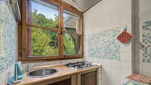 A kitchen with a window, sink, stove, and cabinets. - 'Camera Mini' Apartment with Shared Garden, Wi-Fi and Air Conditioning (Venice)