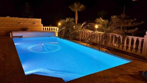 En swimmingpool med en symbol som visar att den är anpassad för rullstolsburna, omgiven av ett staket och palmer.