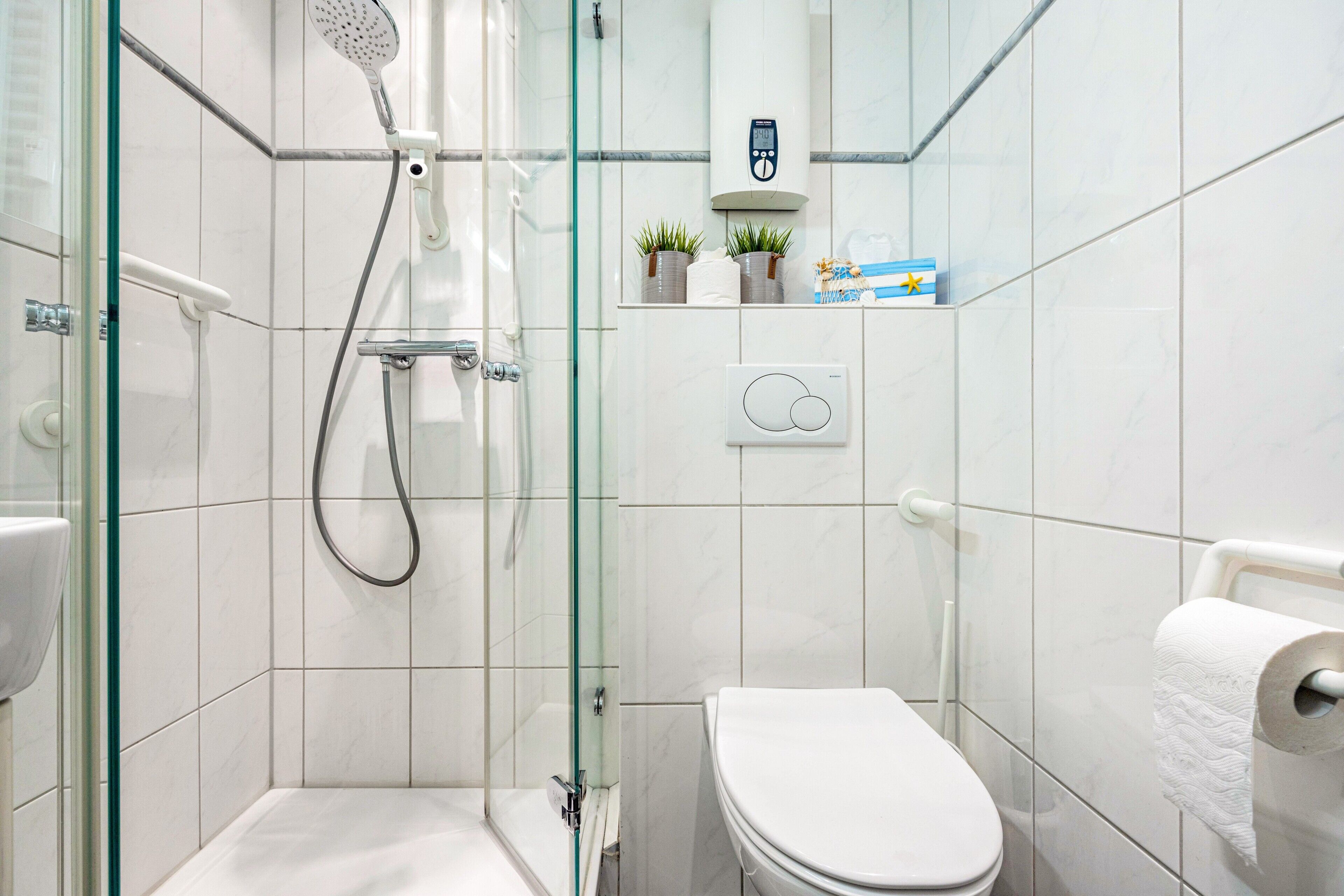 Shower, hair dryer, towels