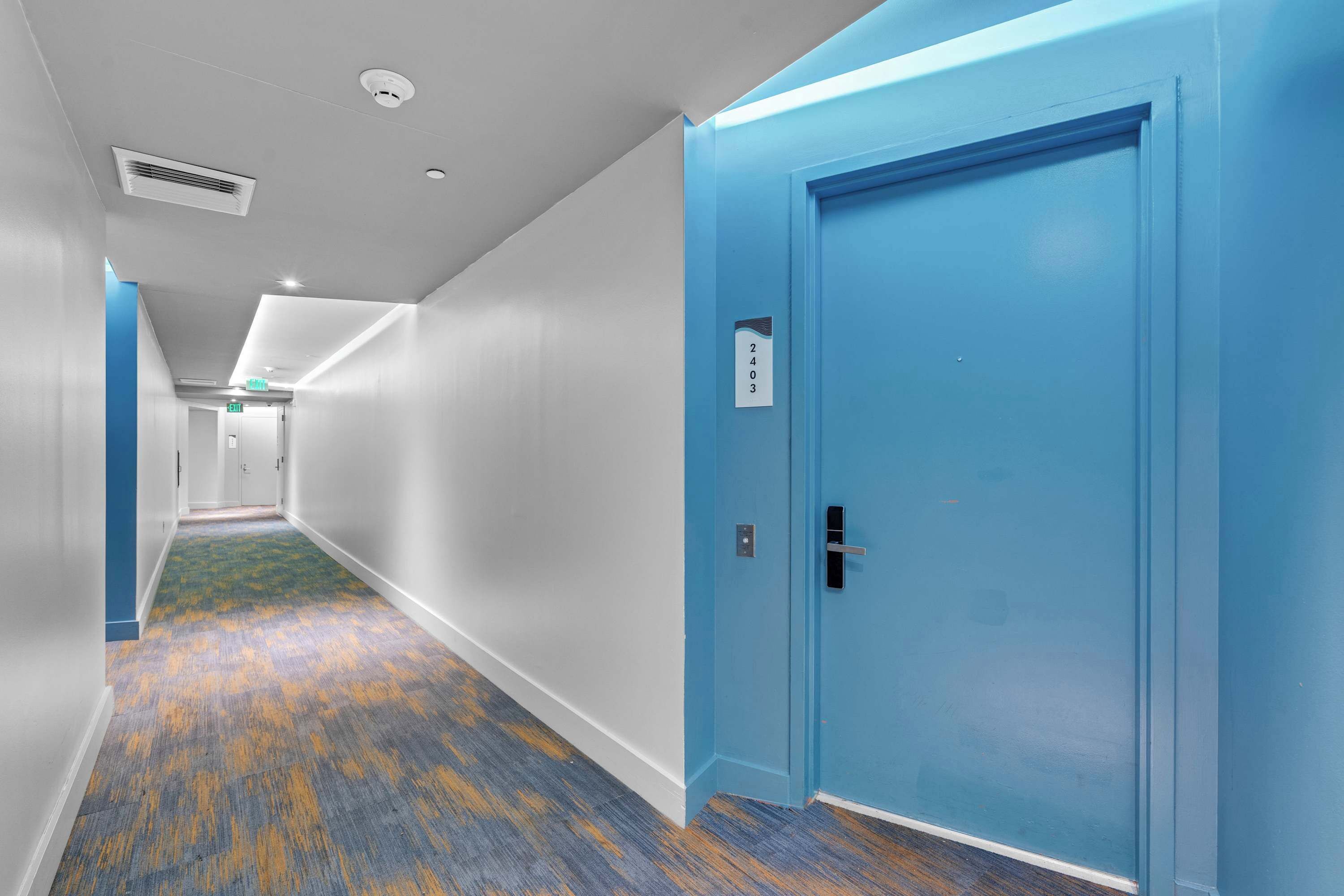 A corridor with a blue door, a white wall, and a patterned carpet.