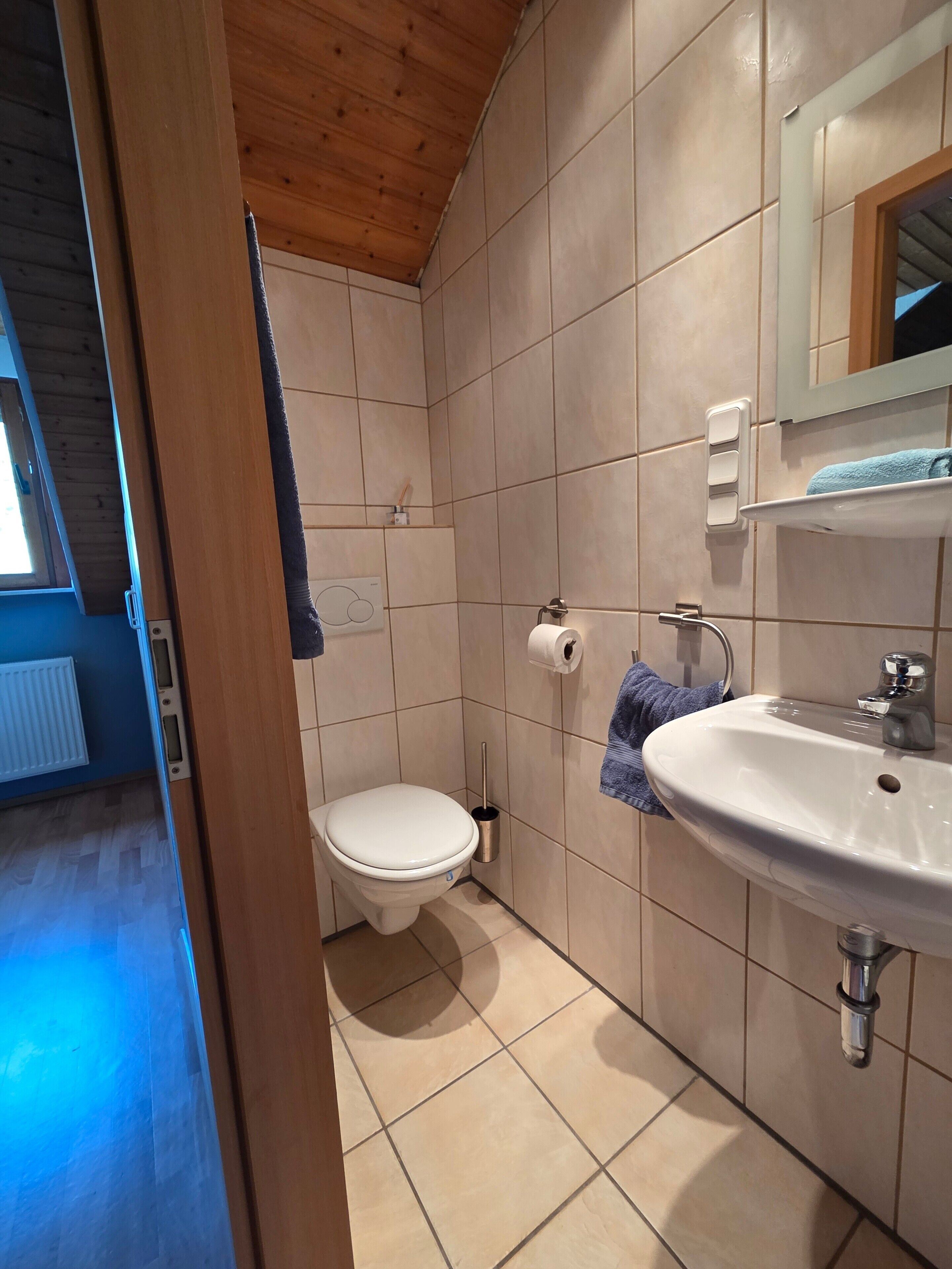 A bathroom with a toilet, sink, and shower.
