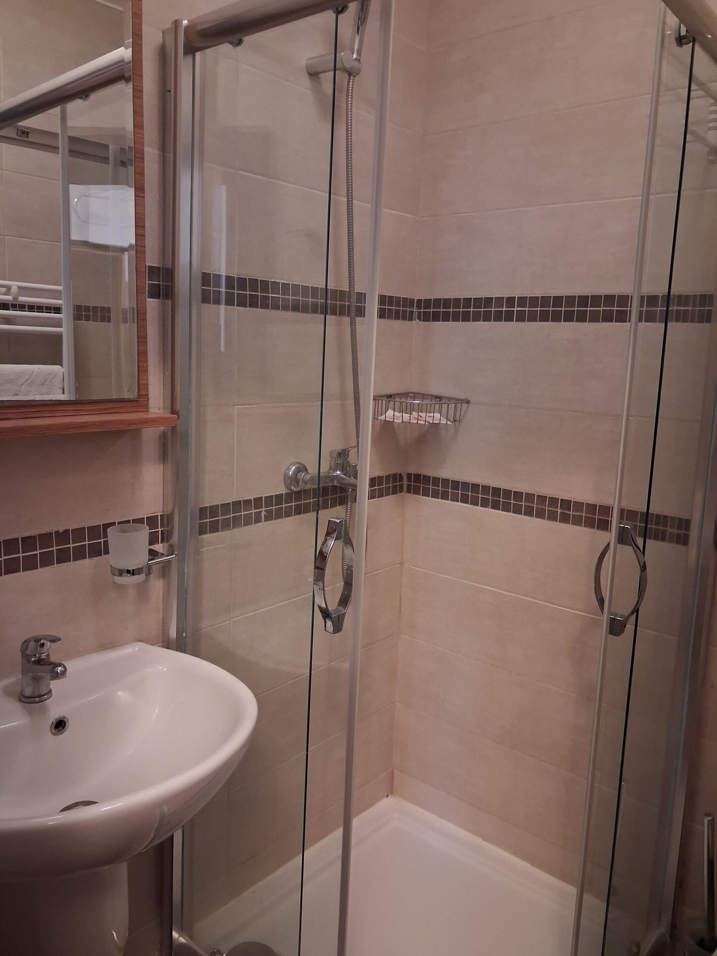 Een badkamer met een douchecabine, een wastafel en een spiegel.