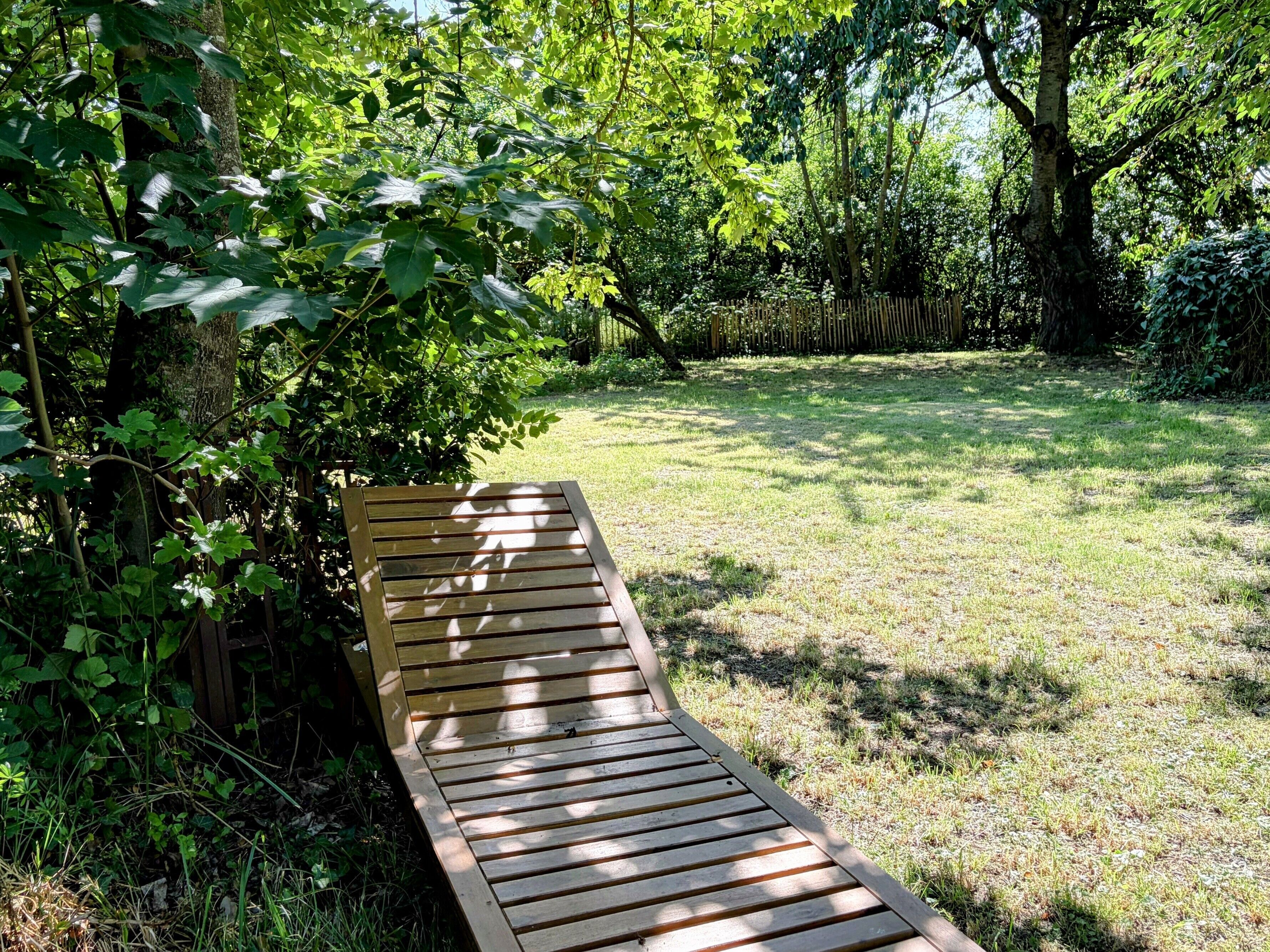 A wooden bench in a grassy area with trees and a wooden fence in the background.