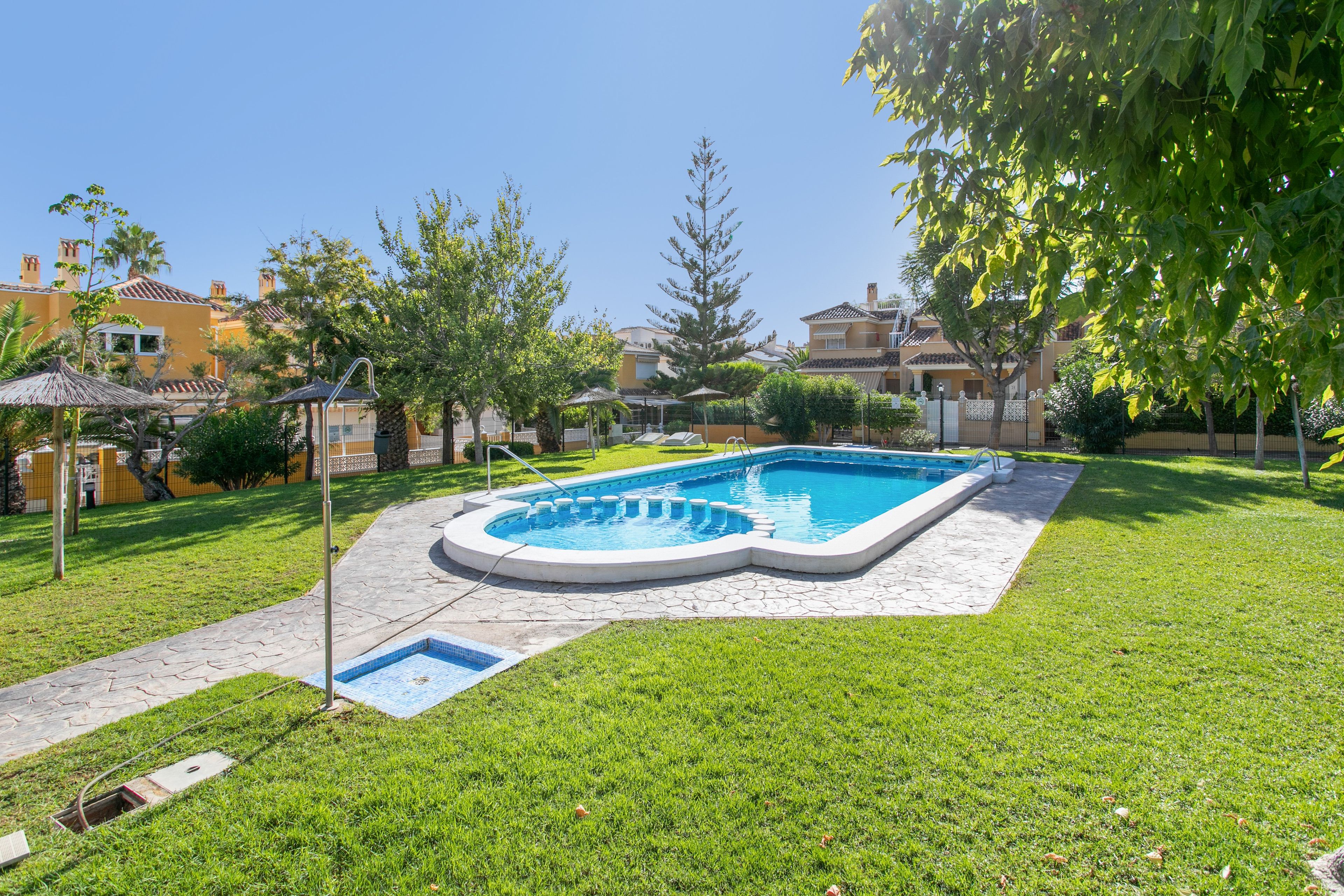 A residential area with a swimming pool surrounded by a paved deck, a grassy lawn, and a variety of trees.