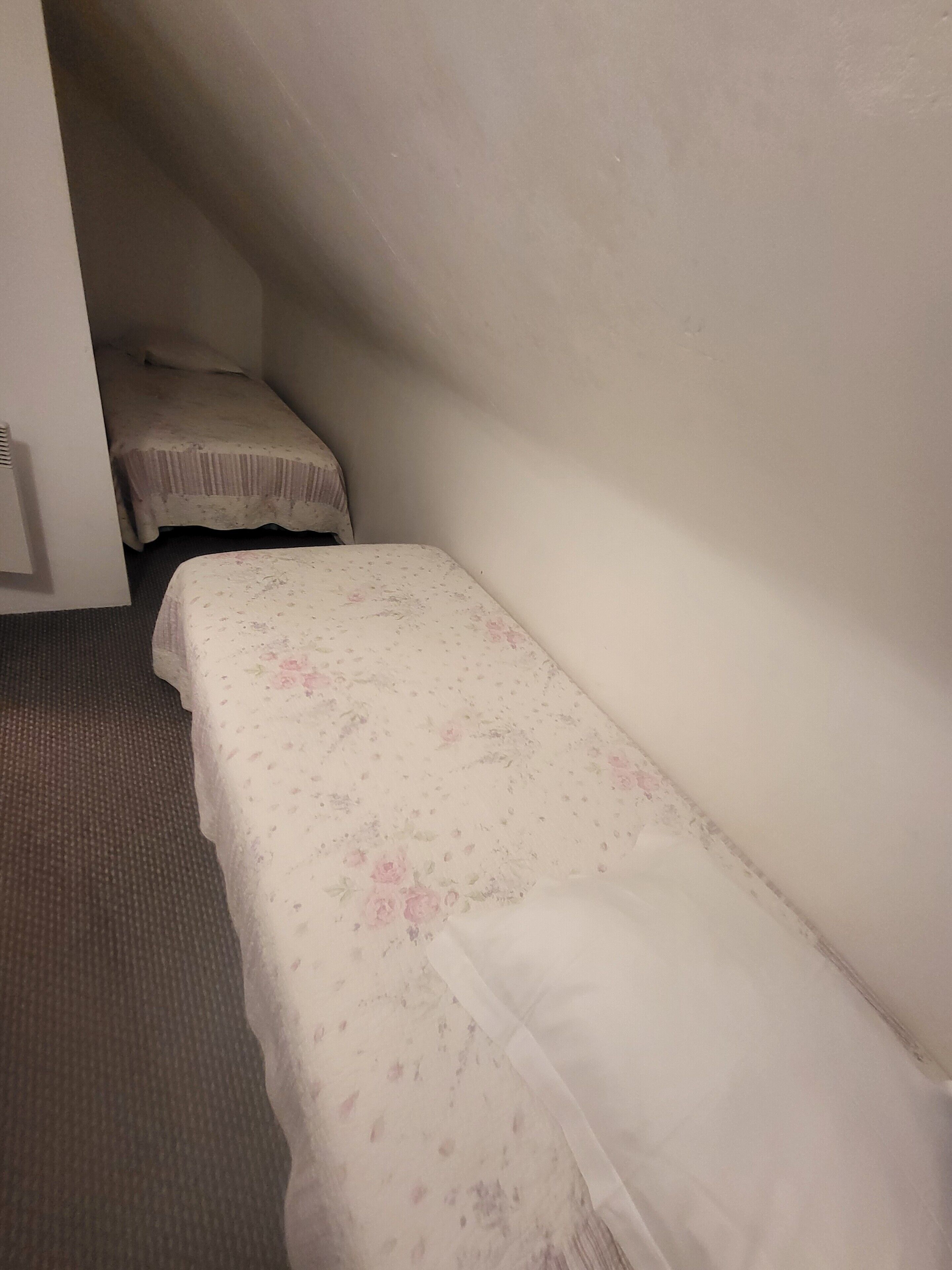 Una habitación pequeña y tenuemente iluminada con dos camas individuales, una con edredón estampado y la otra con una cubierta lisa.