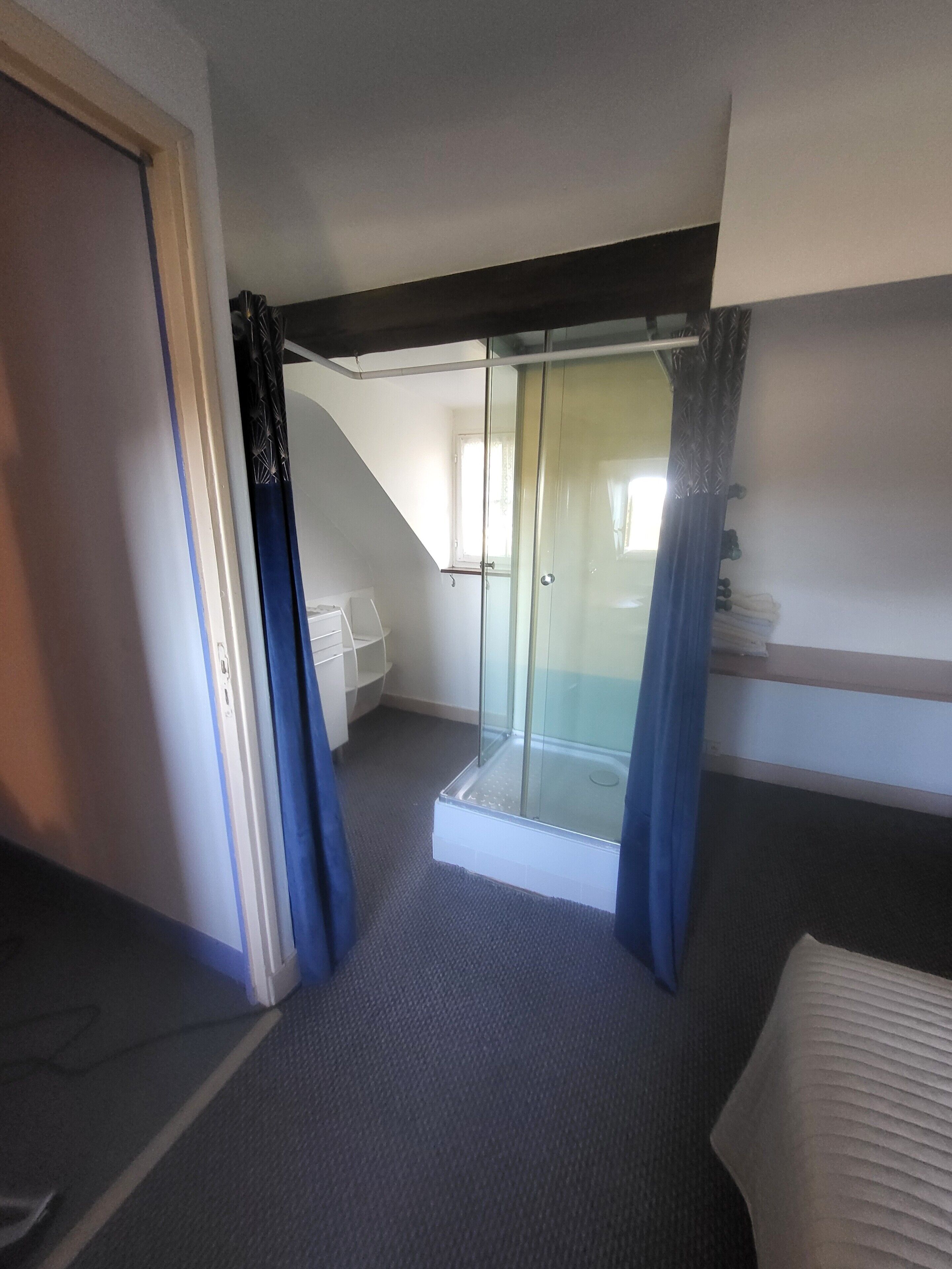 Ein Zimmer mit Duschkabine aus Glas, einem Bett und einer Tür zu einem weiteren Raum.